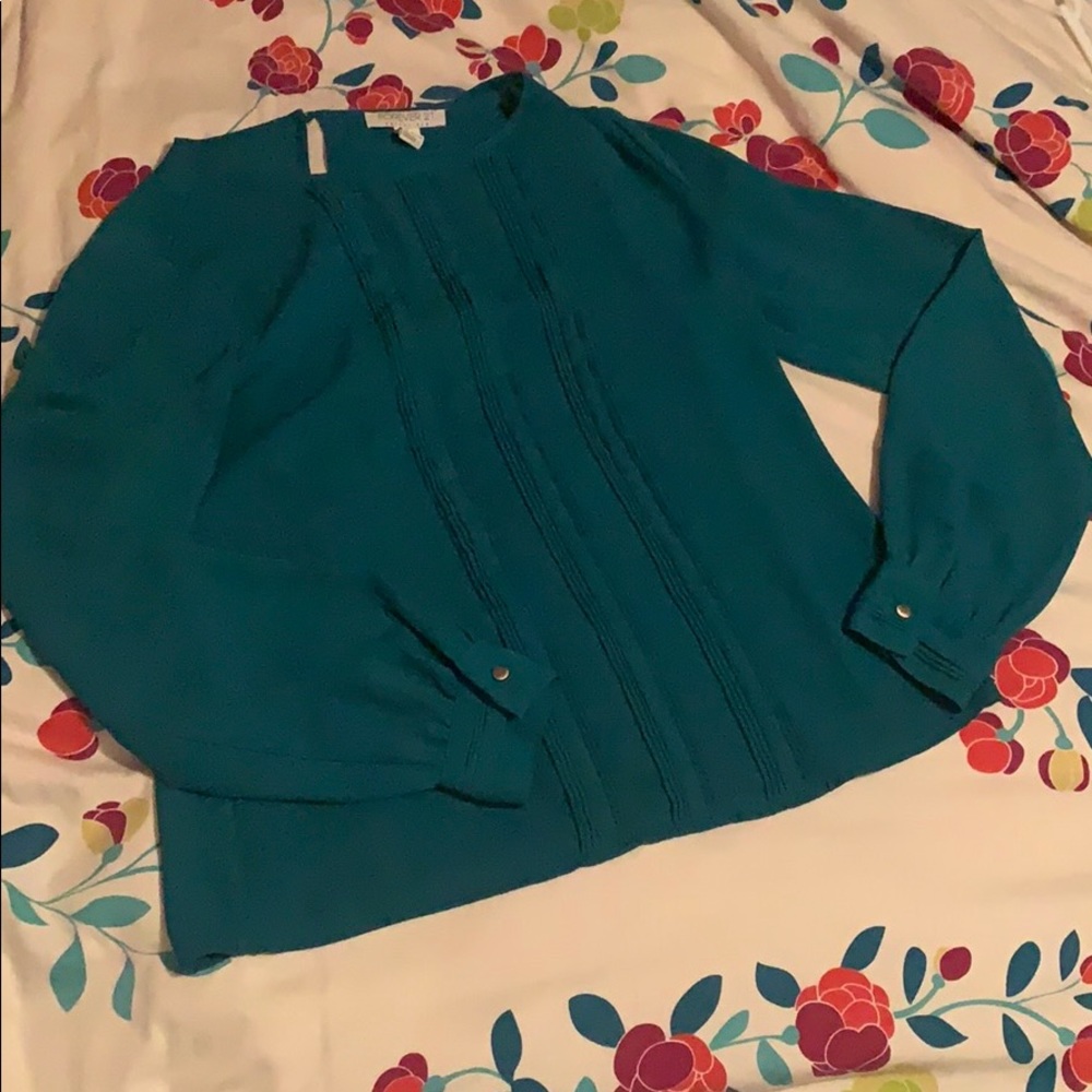 Teal Blue Pleated Long Sleeve Blouse